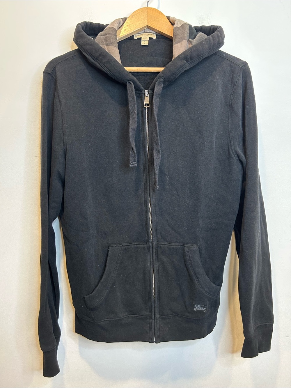 Burberry Brit Men’s Chester Full Zip Hoodie Sweater Black Nova Check Lined Hood